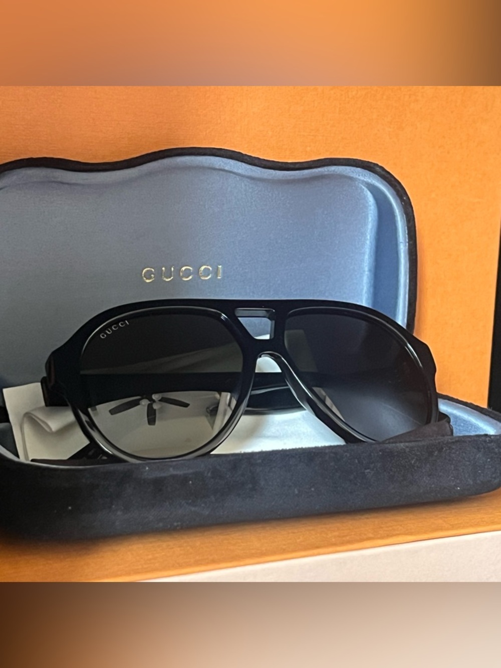 Gucci Black Gloss Acetate Aviator Sunglasses